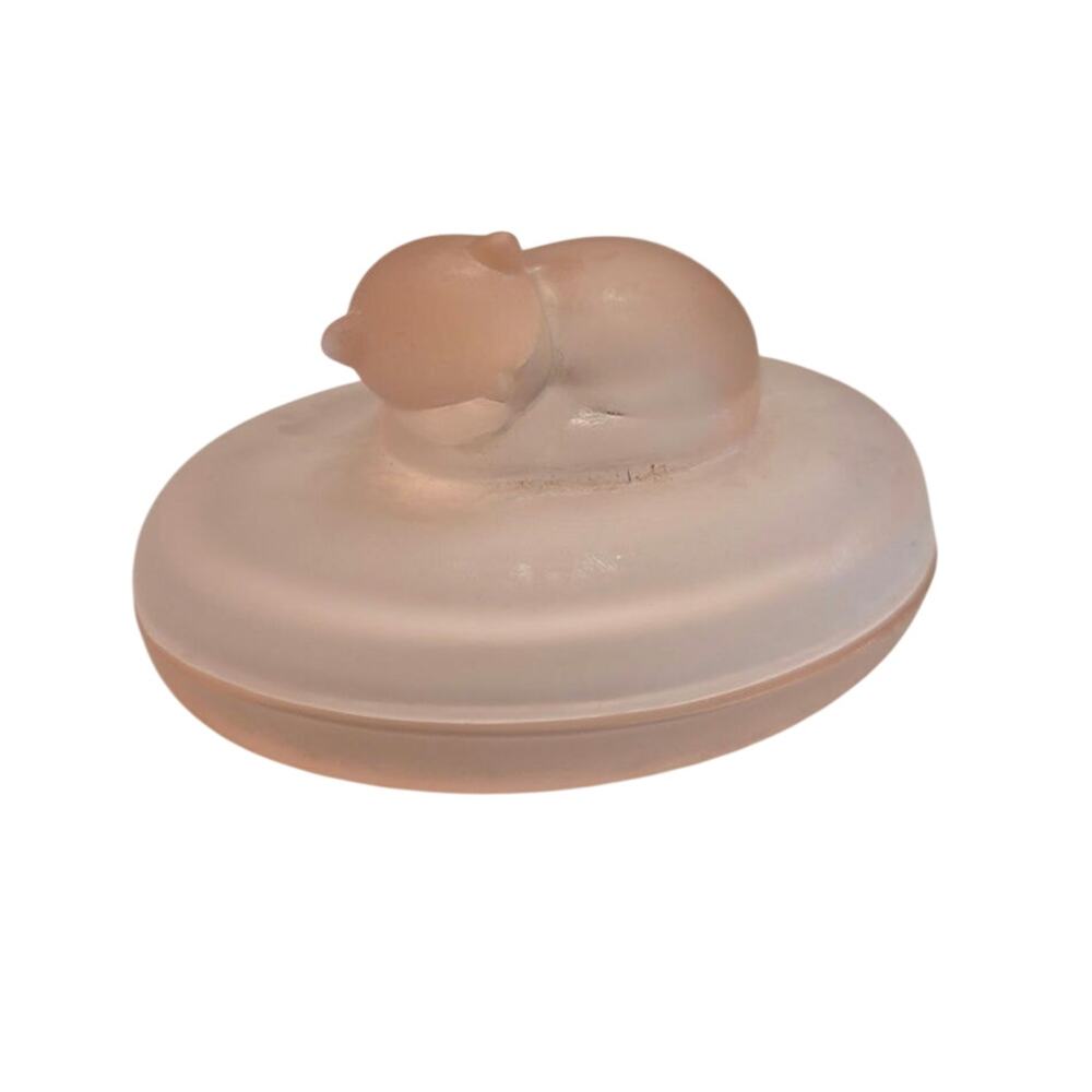Vintage Vanity Frosted Pink Glass Cat Trinket Box Sleeping Kitten Dish